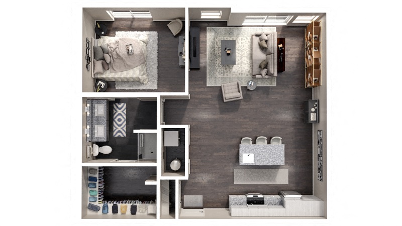 Floor plan for 1 bed, 1 bath, 733 sqft